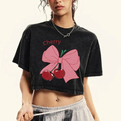 Bow Cherry Cartoon Baumwoll-Slim-T-Shirt