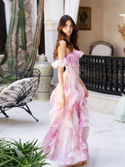 Plissiertes, schulterfreies Blumenkleid