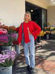 Roter Rundhals-Cardigan mit Knöpfen und langen Ärmeln