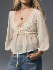Damen-Chiffonbluse mit Rüschen und Spitze zum Binden