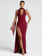 Neckholder-Maxikleid mit tiefem V-Ausschnitt und figurbetonter Passform