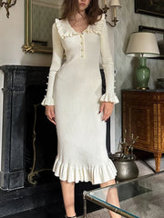 Rüschen-Maxikleid im Retro-Stil, schmal geschnitten, gestrickt