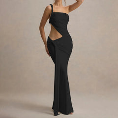 Ein-Schulter-Abendkleid, ärmellos, lässig, gerüscht
