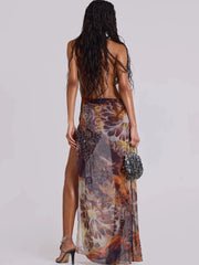 Ästhetisches Maxikleid aus Mesh mit Print und Schlitz