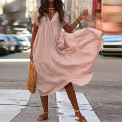 Oversize-Kleid aus Baumwollleinen mit lockerem V-Ausschnitt im Boho-Stil