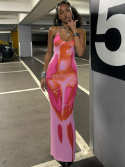 Maxikleid mit Print, Neckholder und Bandagengürtel