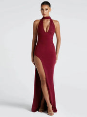 Neckholder-Maxikleid mit tiefem V-Ausschnitt und figurbetonter Passform