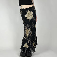 Vintage-Rock mit Blumenmuster, A-Linie, mittelhoher Bund