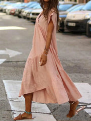 Oversize-Kleid aus Baumwollleinen mit lockerem V-Ausschnitt im Boho-Stil