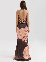 Satin-Maxikleid mit Blumenmuster und Spaghettiträgern