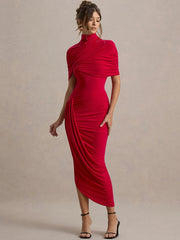 Halbärmeliges, gerafftes Bodycon-Kleid mit Rollkragen und Rollkragen