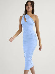 Midikleid aus Mesh mit einseitiger Schulterpartie und Hohlsaum