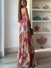Plissiertes, bedrucktes, trägerloses Boho-Kleid mit hohem Bund und hohem Bund