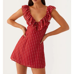 Ärmelloses, figurbetontes Kleid mit Rüschenbesatz und V-Ausschnitt