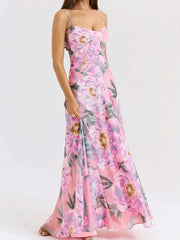 A-Linien-Kleid mit V-Ausschnitt, Rückenriemen und Blumenmuster