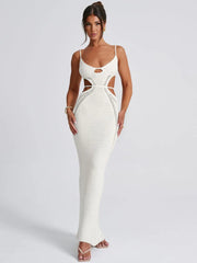 Weißes, figurbetontes Spaghetti-Kleid aus hohlem Strick