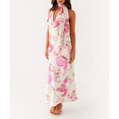 Blumenmuster-Neckholder-Urlaubskleid mit Wasserfallausschnitt