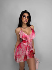 Florales Neckholder-Kleid aus transparentem, rückenfreiem Partykleid