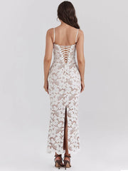 Ärmelloses, figurbetontes Kleid mit Blumenmuster und Schnürung
