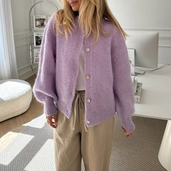 Einreihiger, einreihiger Cardigan mit Rundhalsausschnitt