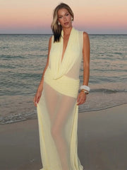 Ärmelloses Maxikleid mit Falten und Patchwork-Details