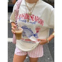 Vintage-T-Shirt aus Baumwolle mit Meeresfrüchtemotiv im Oversized-Design