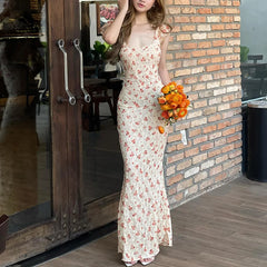 Vintage-Maxikleid mit Blumenmuster und eckigem Ausschnitt