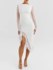 Rüschen-Mesh-Midikleid mit offenem Rücken, rückenfrei