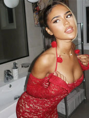 Rotes, trägerloses, langärmeliges Bodycon-Kleid aus Spitze