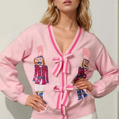 Glitzernder Pailletten-Cardigan mit V-Ausschnitt und Schleifenknopf
