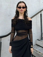 Maxikleid mit Mesh-Patchwork und U-Boot-Ausschnitt