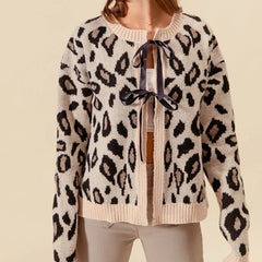 Strickcardigan mit Leopardenmuster, Kontrastdetails und Schleife zum Schnüren