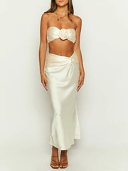 Satin-Blumen-Bandeau-Rock, zweiteiliges Set