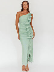 Einseitig schulterfreies, drapiertes Rüschen-Bodycon-Kleid