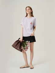 Beiges, locker sitzendes T-Shirt mit Katzenstickerei