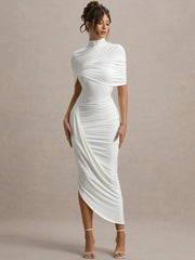 Halbärmeliges, gerafftes Bodycon-Kleid mit Rollkragen und Rollkragen