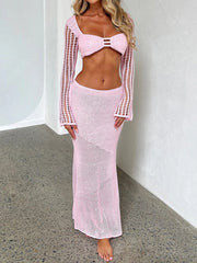 Häkelstrick-Crop-Top-Rock-Zweiteiler-Set