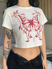 Kurzes Grunge-T-Shirt mit Schmetterlingsprint, tailliert