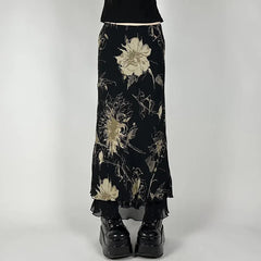 Vintage-Rock mit Blumenmuster, A-Linie, mittelhoher Bund
