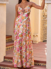 Rüschen-Maxikleid mit V-Ausschnitt und Blumenmuster