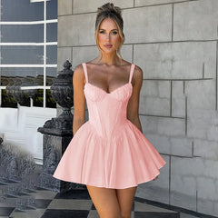 Mini-Abendkleid mit V-Ausschnitt, Fischgrätenmuster, Trägern, rückenfreiem Design und Schleifen