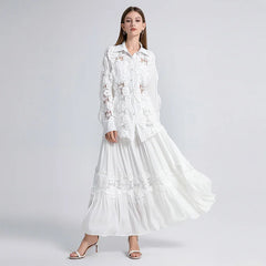 Weißes Maxi-Rock-Blusen-Set aus Spitze, lässiges Boho-Kleid
