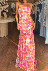 Trägerloses, rückenfreies A-Linien-Kleid mit Blumenmuster