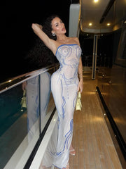 Trägerloses, bedrucktes, ärmelloses, figurbetontes Partykleid