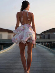 Bedrucktes Rüschen-Halter-Minikleid