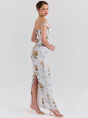 Schulterfreies, rückenfreies Maxikleid mit Blumenmuster