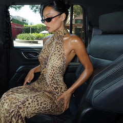 Leoparden-Halter-Bandagen-Maxikleid