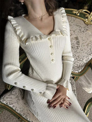 Rüschen-Maxikleid im Retro-Stil, schmal geschnitten, gestrickt