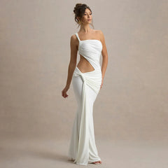 Ein-Schulter-Abendkleid, ärmellos, lässig, gerüscht