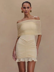 Trägerloses, gerüschtes Mini-Bodycon-Kleid aus Mesh
